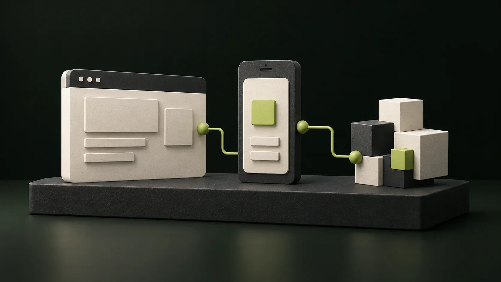 Conceptual illustration of a web page, a mobile phone and interconnected platform modules.