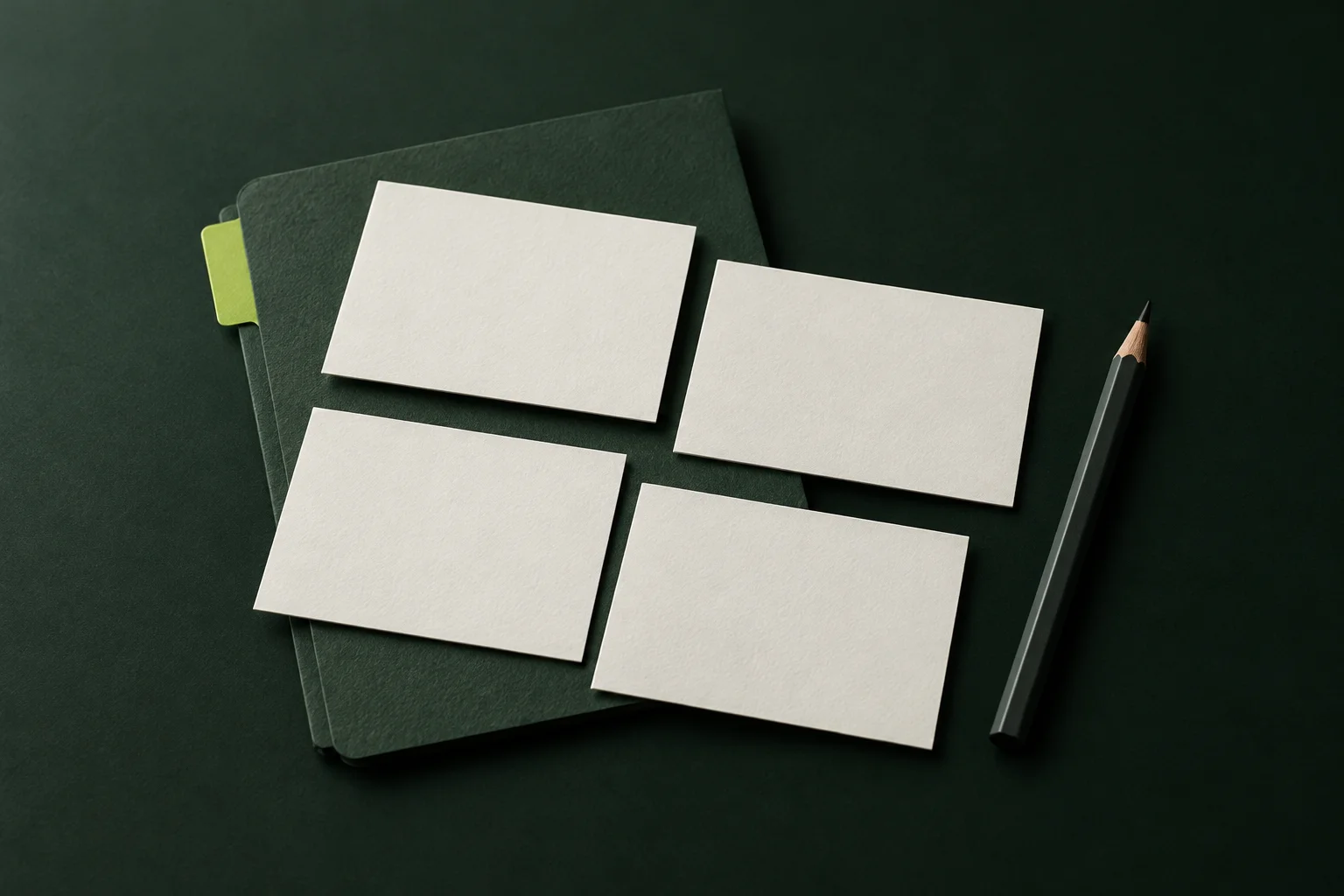 Four blank ivory cards arranged on a dark-green folder beside a graphite pencil, with a small lime tab.