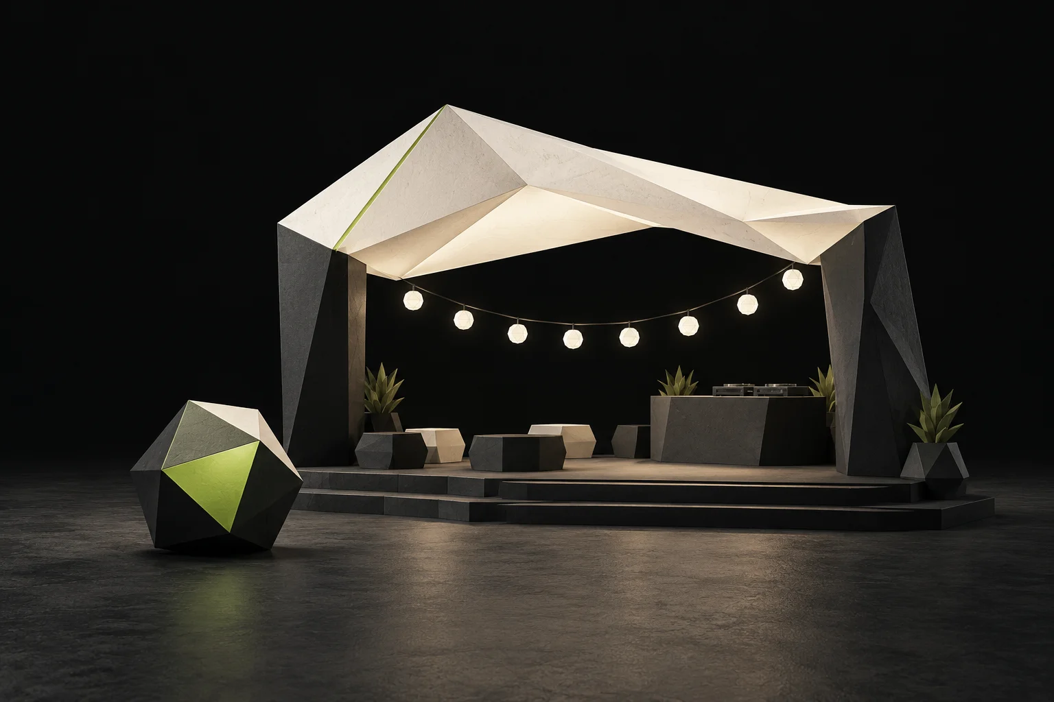Festivalpavillon mit kantigem elfenbeinfarbenem Dach, facettierter limettengrüner Spielstein und kleine hängende Lichter auf einer dunklen anthrazitfarbenen Bühne.